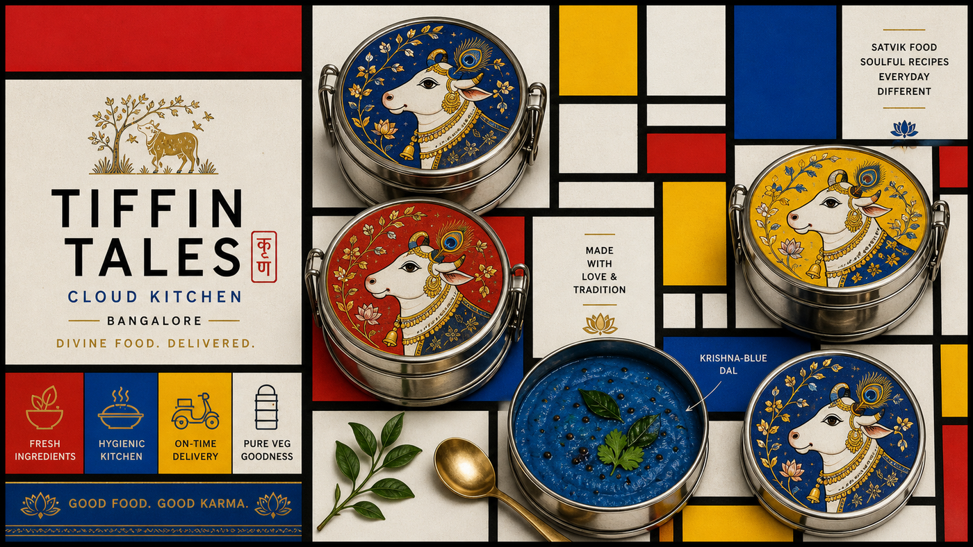Tiffin Tales cloud kitchen — three Indian chefs in white coats and chef caps at three stainless-steel kitchen stations, one stir-frying paneer + capsicum + green peas in a wok, one assembling Awadhi-style veg biryani in a black takeaway box, one plating a steel thali; Singh Kitchen pure-veg branded packaging visible on the right side, large green PURE VEG / शुद्ध शाकाहारी sign on the wall, ORDERS IN PROGRESS digital screen showing live orders